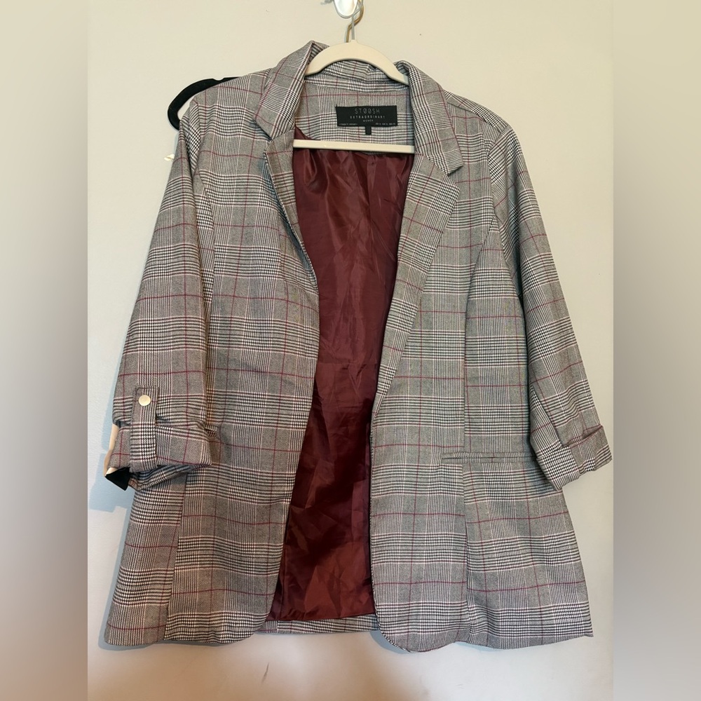 Stoosh Gray Checkered Blazer with Red Lining